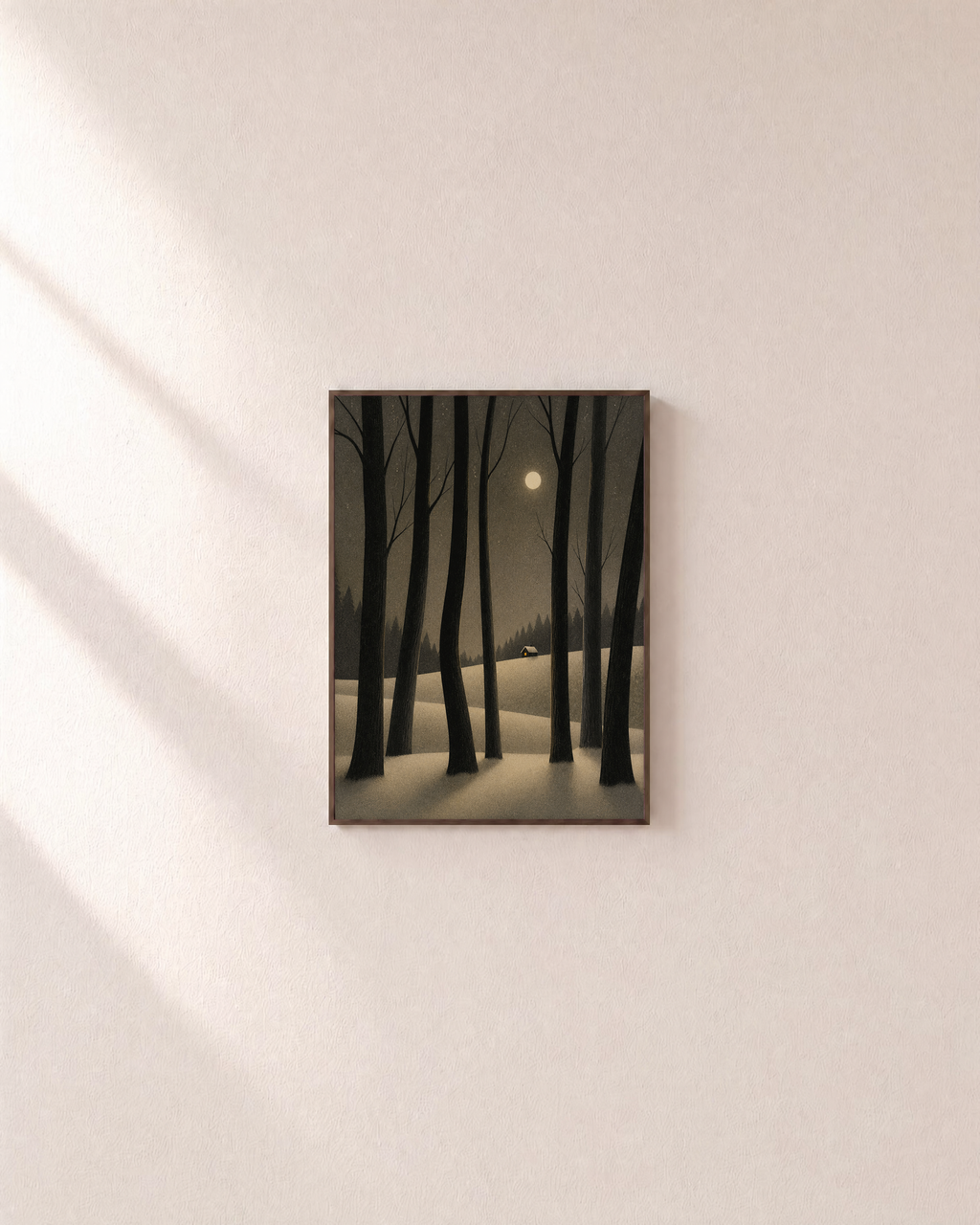 Cabin Night moon prints: unframed print is shown framed for styling on a plain wall; frame not included