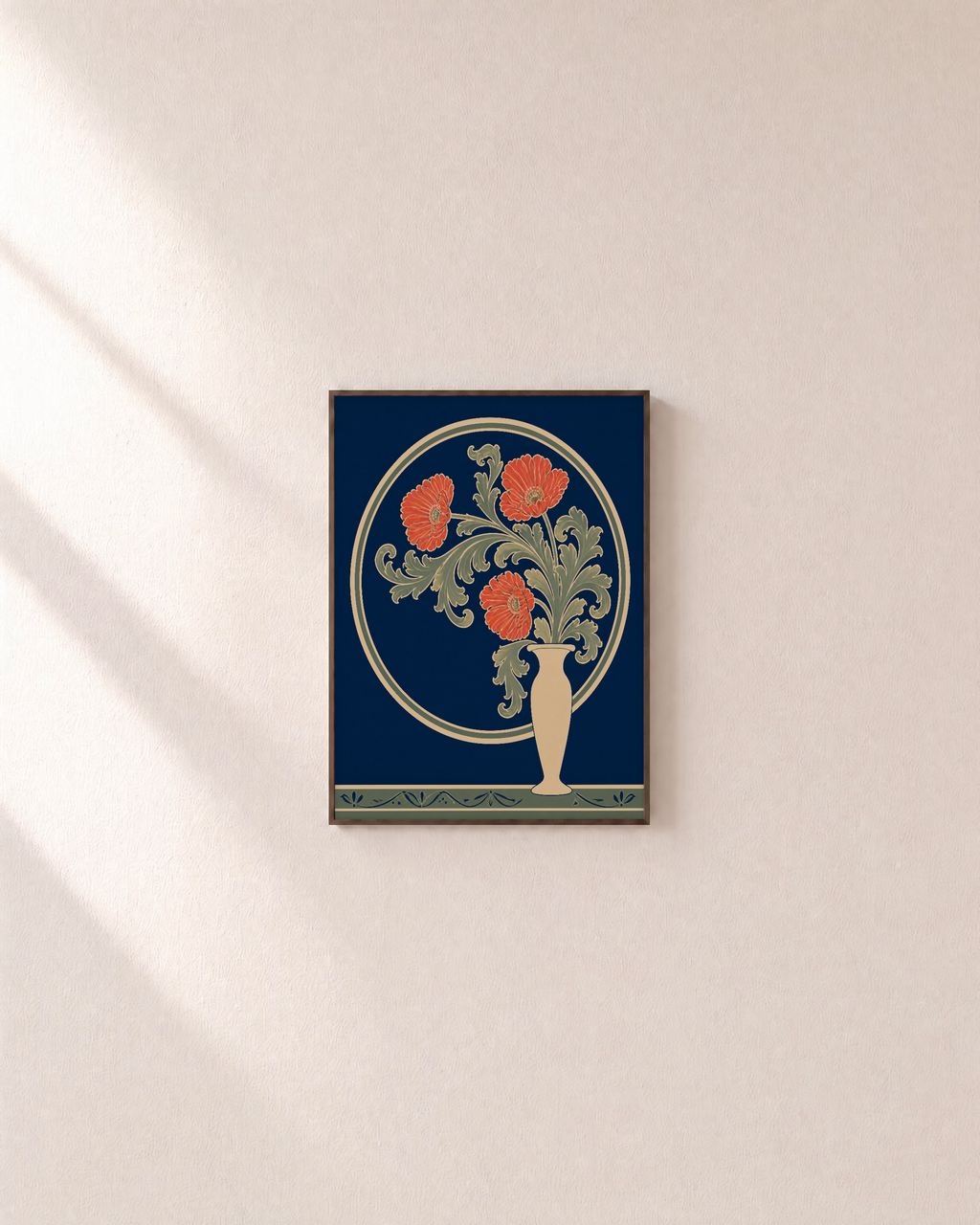 Morris Night Garden Vessel Remap unframed print is shown framed for styling in a plain wall; frame not included
