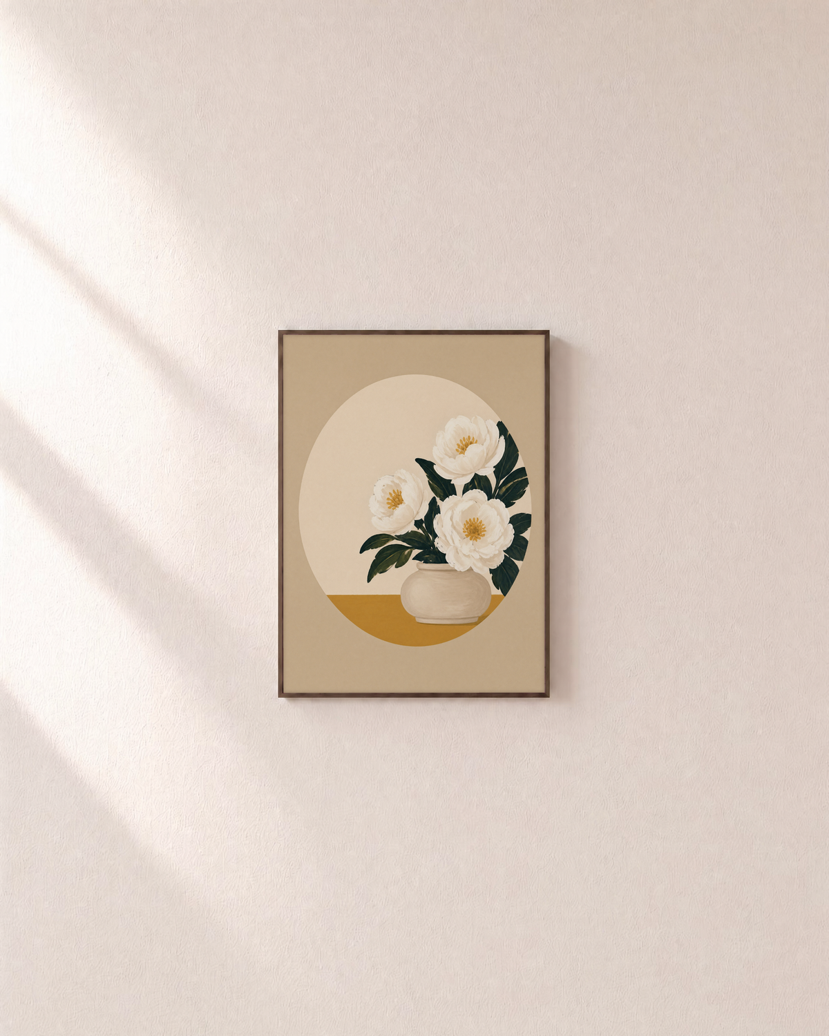 Morning Peonies white peony wall art: unframed print is shown framed for styling on a plain wall; frame not included