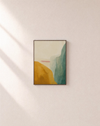 Mustard Hill with Rose Bar mustard yellow abstract wall art print: unframed print is shown framed for styling on a plain wall; frame not included