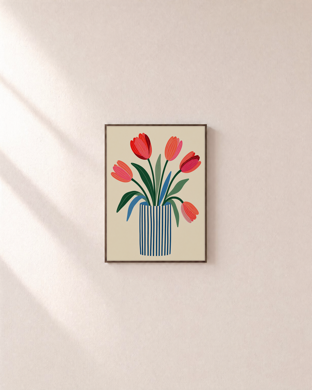 Morning Tulips tulip art print: unframed print is shown framed for styling on a plain wall; frame not included