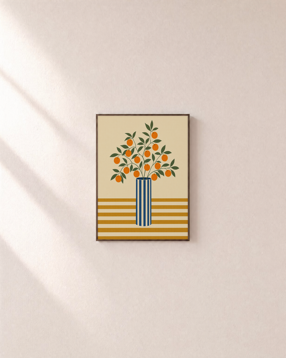 Morning Oranges orange tree art print: unframed print is shown framed for styling on a plain wall; frame not included