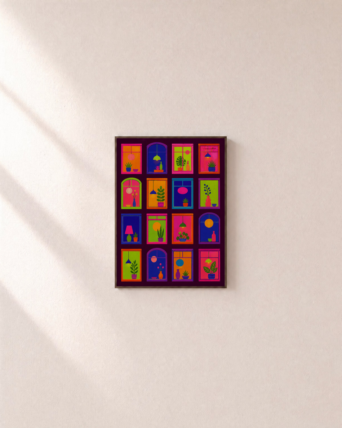 After Hours neon window grid print: unframed print is shown framed for styling on a plain wall; frame not included