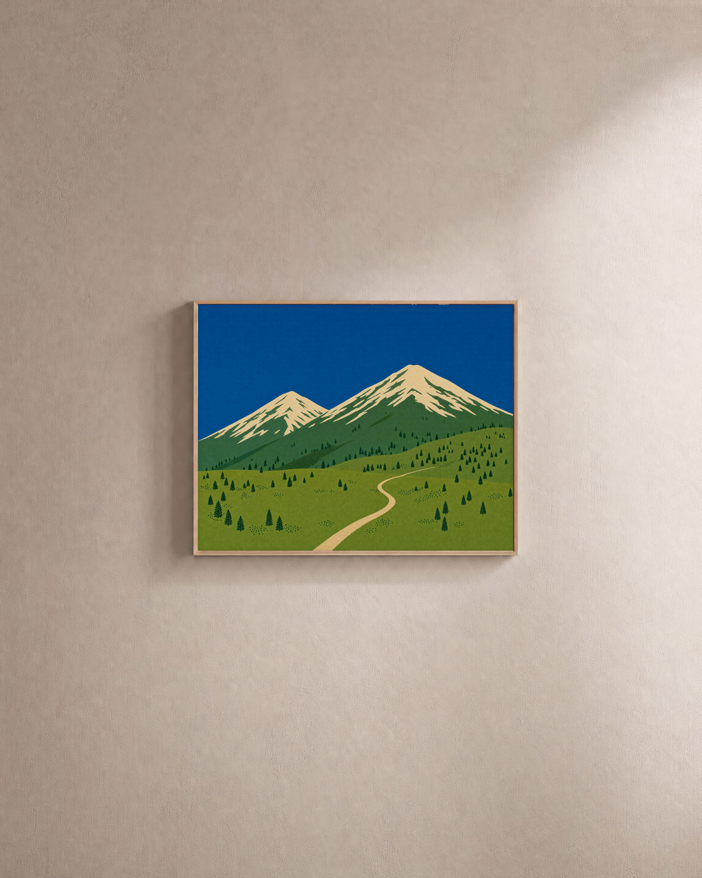 High Meadow mountain landscape wall art: unframed print is shown framed for styling on a plain wall; frame not included