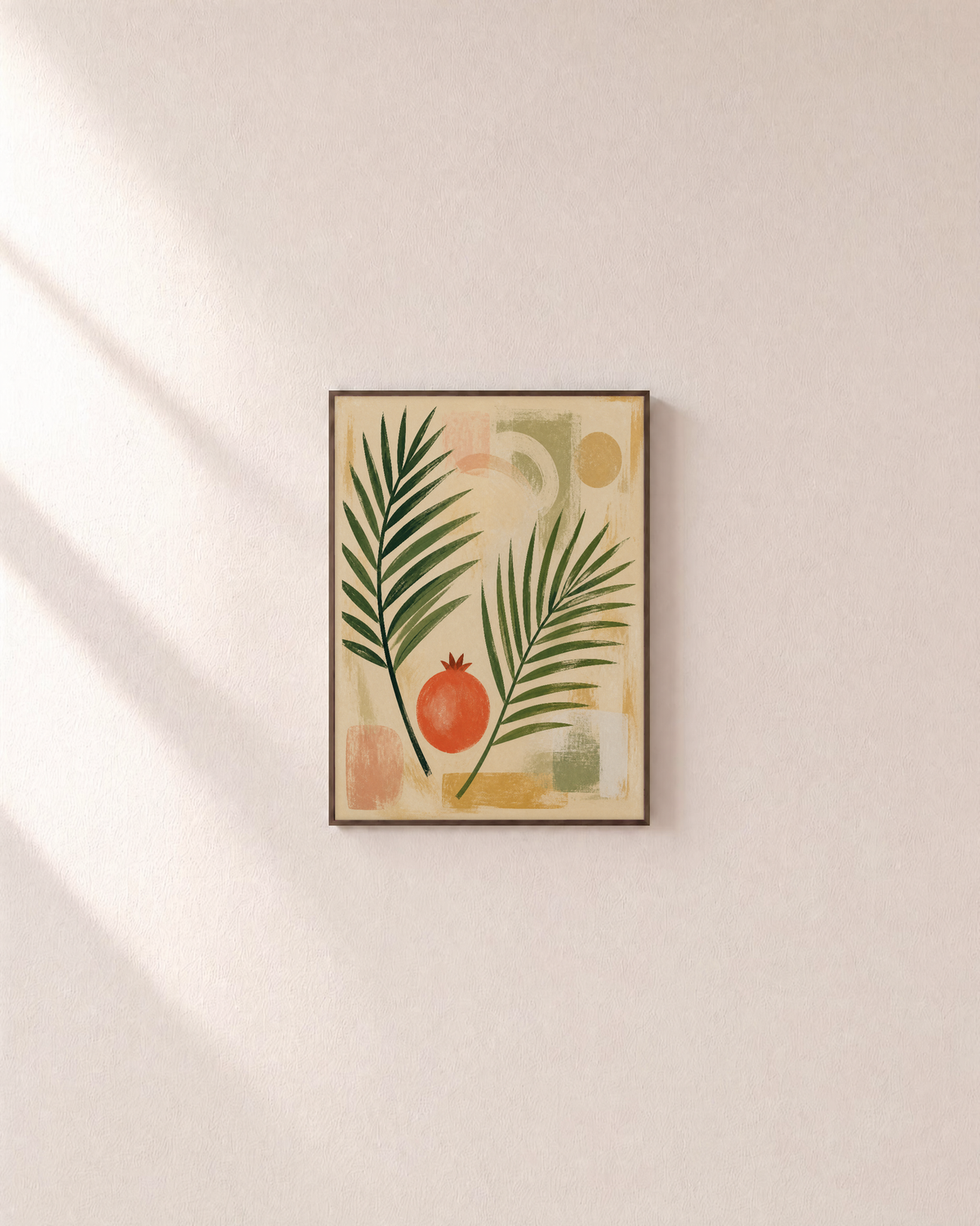 Hot Fruit palm pomegranate wall art: unframed print is shown framed for styling on a plain wall; frame not included