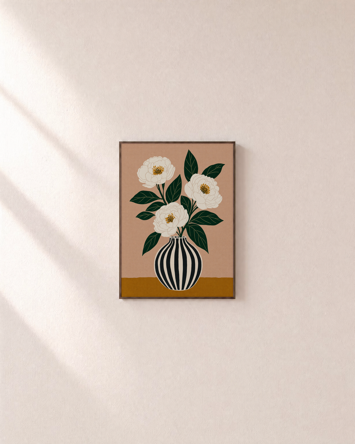 Sunday Peonies peony wall art: unframed print is shown framed for styling on a plain wall; frame not included
