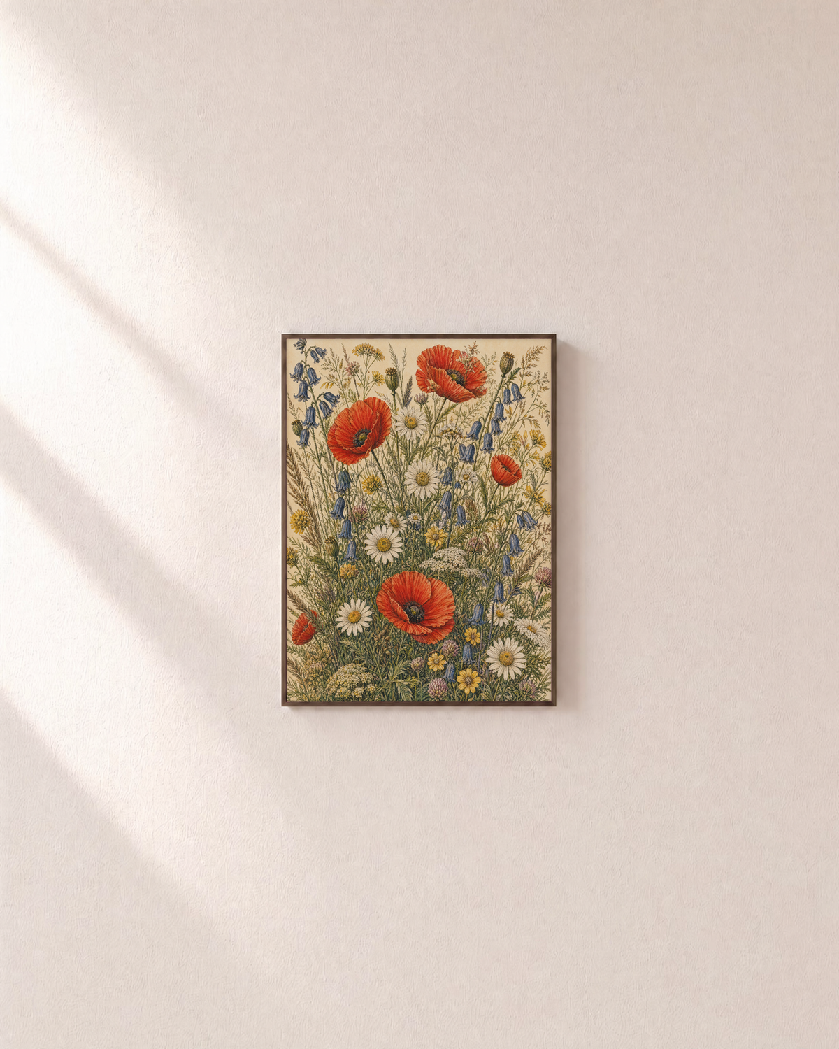 Poppy Noon poppy bluebell meadow wall art: unframed print is shown framed for styling on a plain wall; frame not included