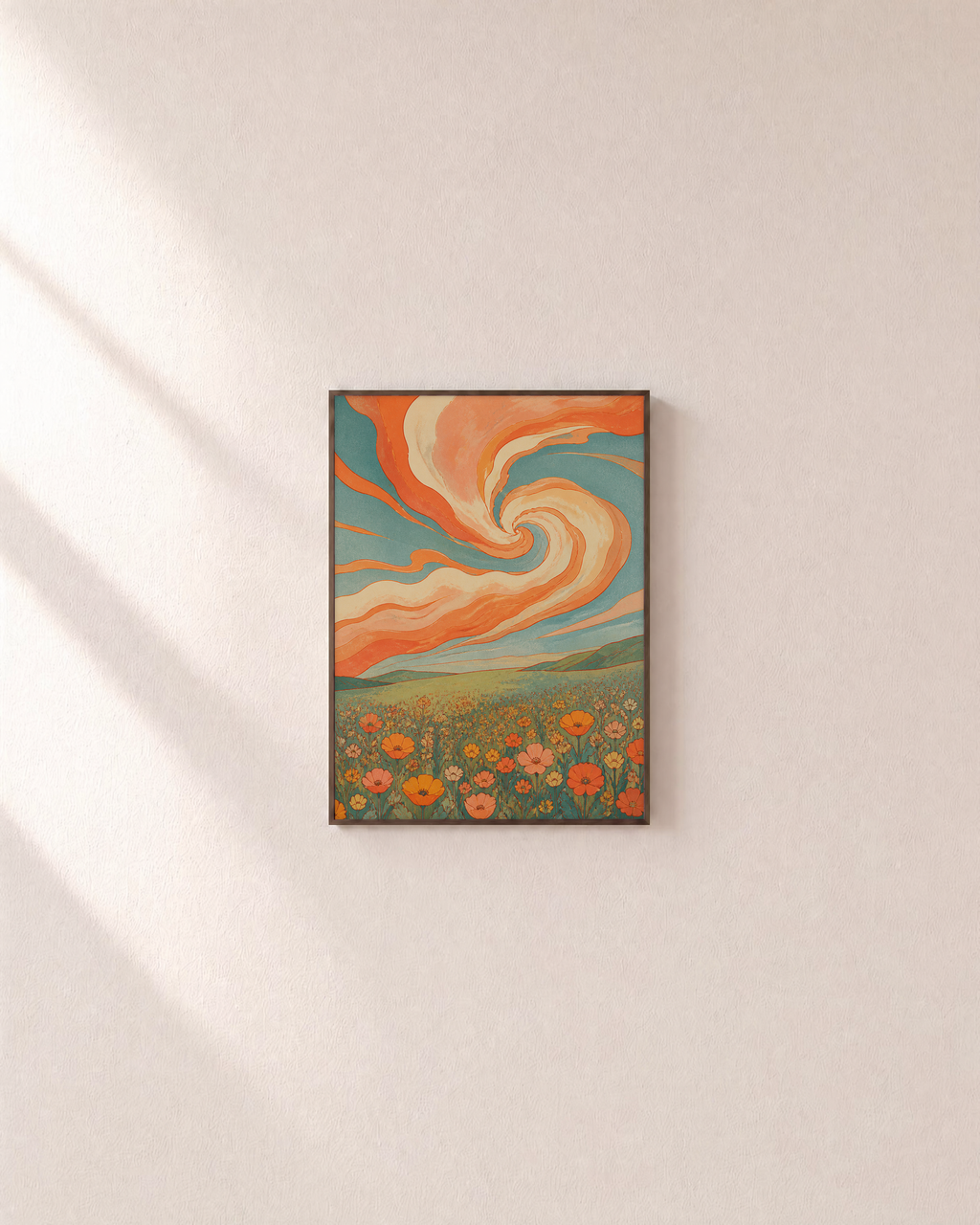 Poppy Weather swirl poppy print: unframed print is shown framed for styling on a plain wall; frame not included