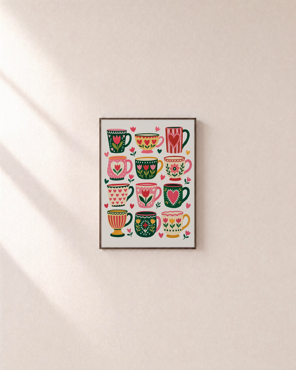 Morning Mugs mug wall art: unframed print is shown framed for styling on a plain wall; frame not included