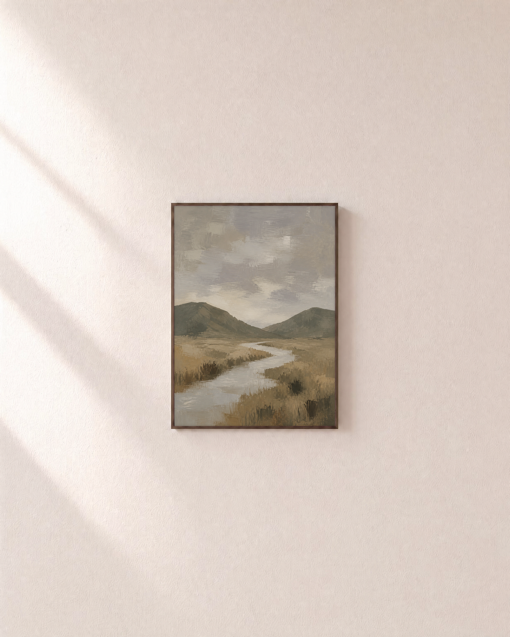Grey Bend grey stream print: unframed print is shown framed for styling on a plain wall; frame not included