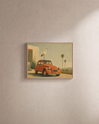 Crane on Terracotta 2CV unframed print is shown framed for styling in a plain wall; frame not included