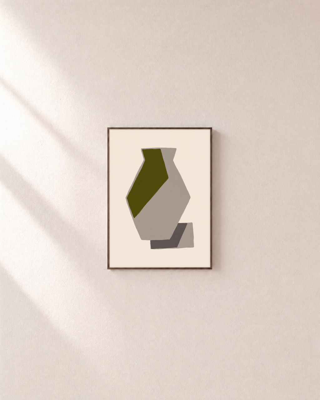 Olive Vessel unframed print is shown framed for styling in a plain wall; frame not included