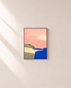 Blue Cliff Pink unframed print is shown framed for styling in a plain wall; frame not included