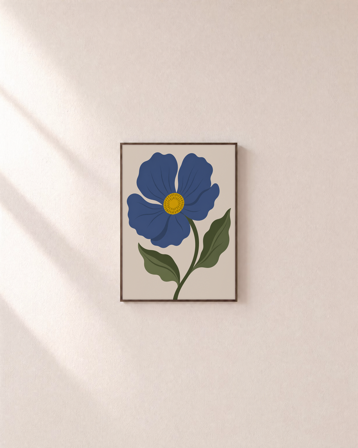 Blue Bloom blue flower art prints: unframed print is shown framed for styling on a plain wall; frame not included