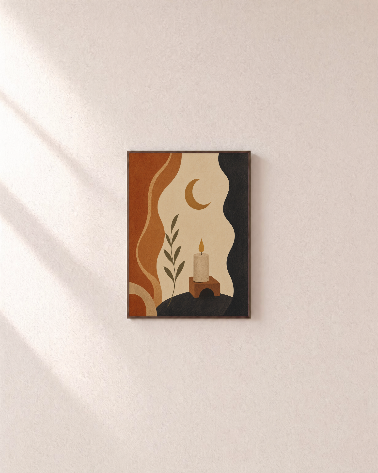 Moon Candle Gate unframed print is shown framed for styling in a plain wall; frame not included
