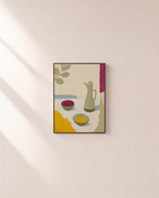 Jug with Leaf and Bowls jug bowl and leaf branch wall art print: unframed print is shown framed for styling on a plain wall; frame not included