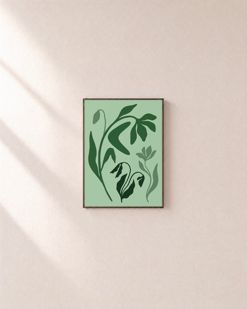 Green Wildflower unframed print is shown framed for styling in a plain wall; frame not included