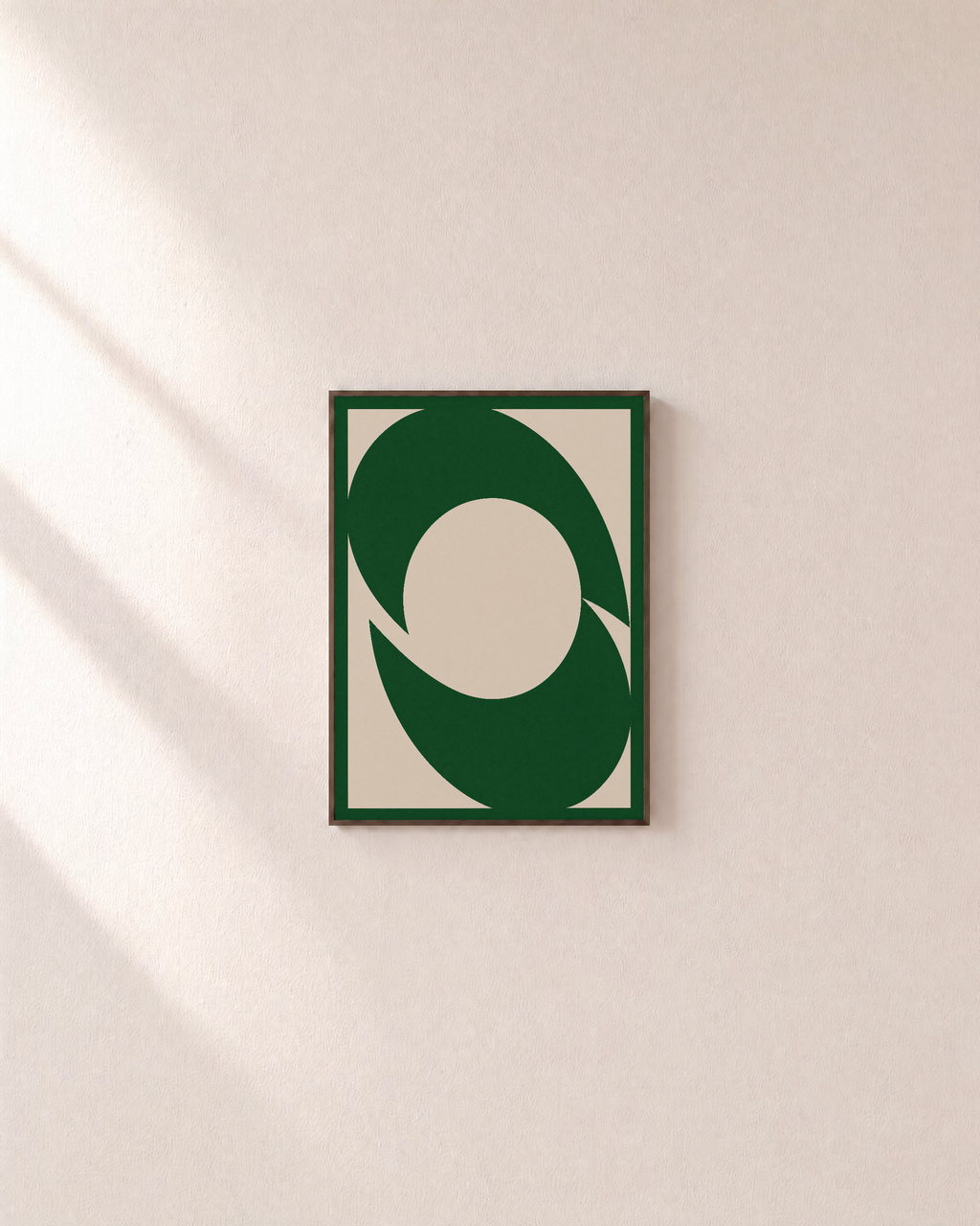 Two Green Arcs One Disk unframed print is shown framed for styling in a plain wall; frame not included