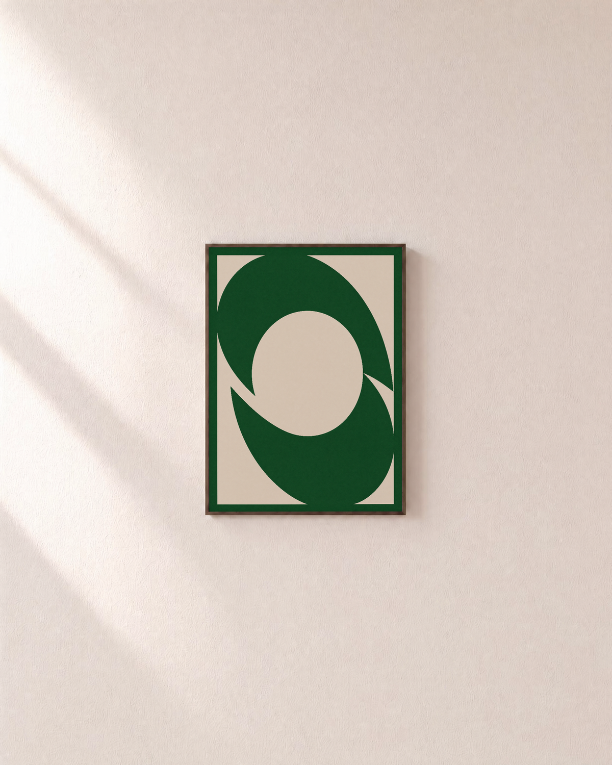 Two Green Arcs One Disk unframed print is shown framed for styling in a plain wall; frame not included