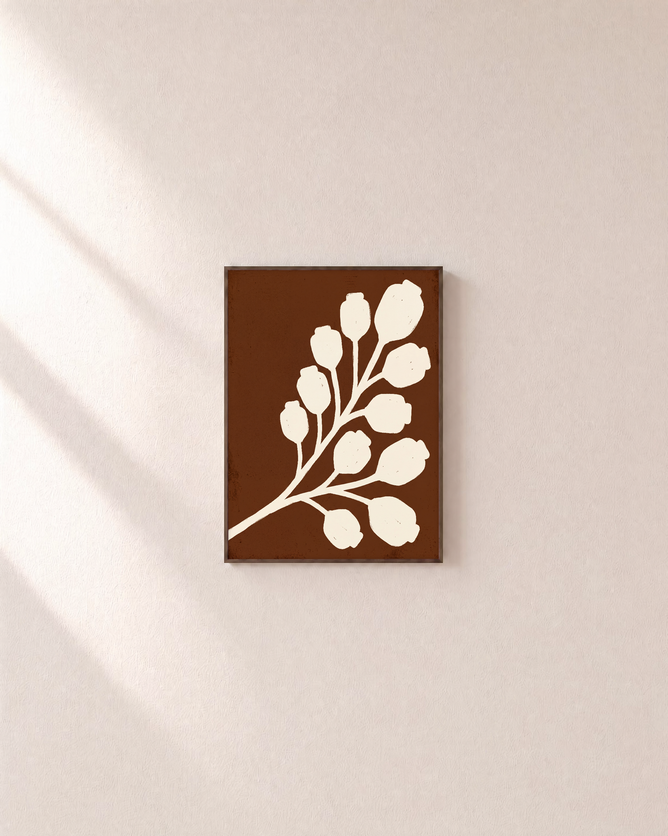 Cream Bloom Brown unframed print is shown framed for styling in a plain wall; frame not included