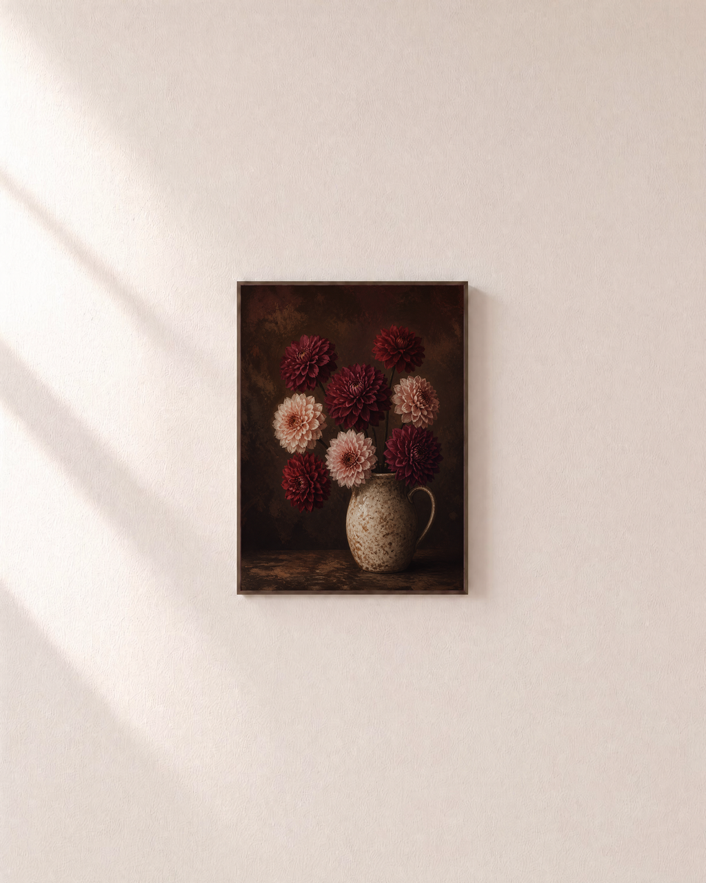 Dahlia Hour burgundy dahlia print: unframed print is shown framed for styling on a plain wall; frame not included