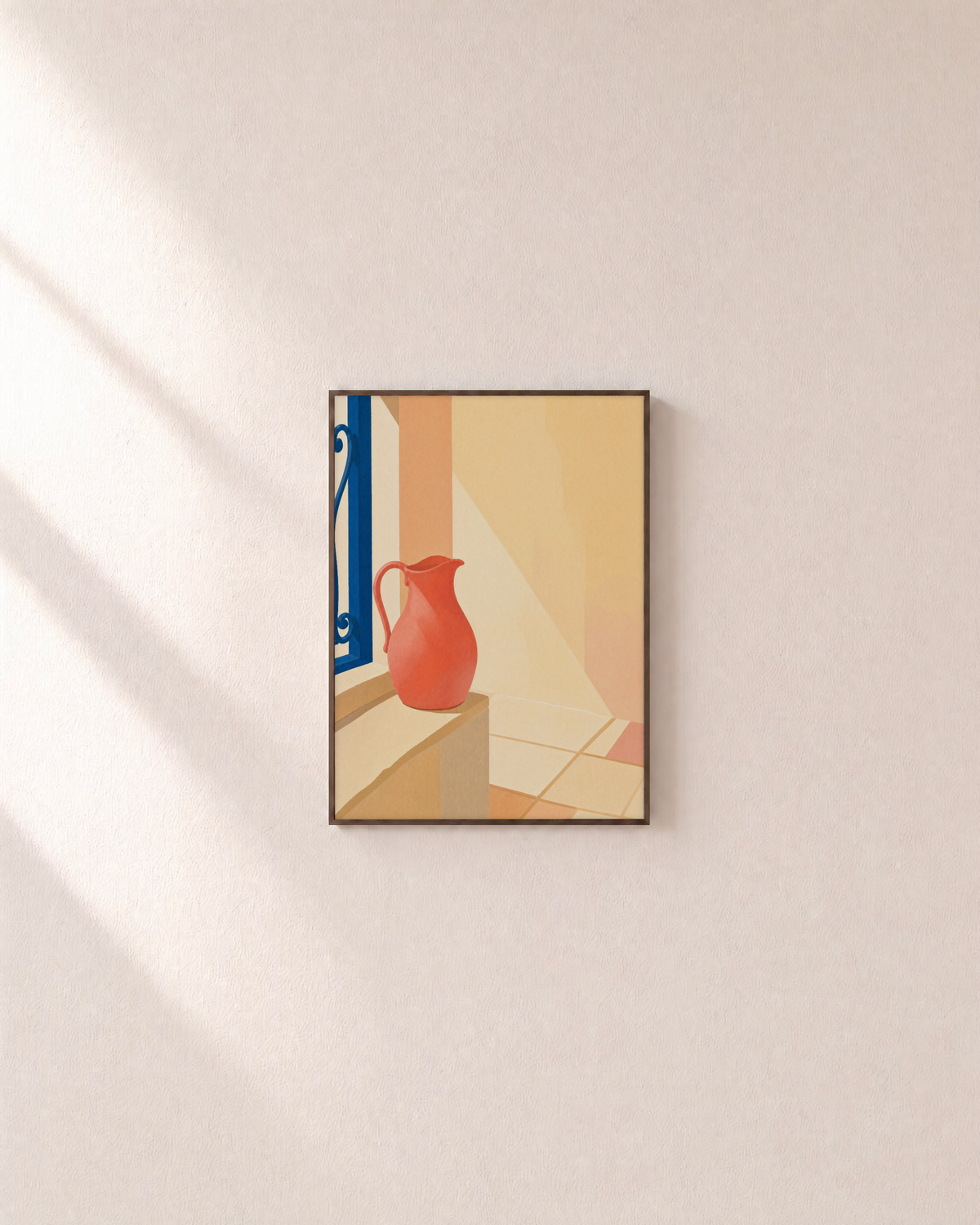 One Pitcher Window Seat unframed print is shown framed for styling in a plain wall; frame not included