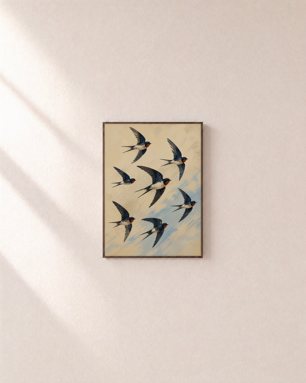 Passing Swallows bird art print: unframed print is shown framed for styling on a plain wall; frame not included