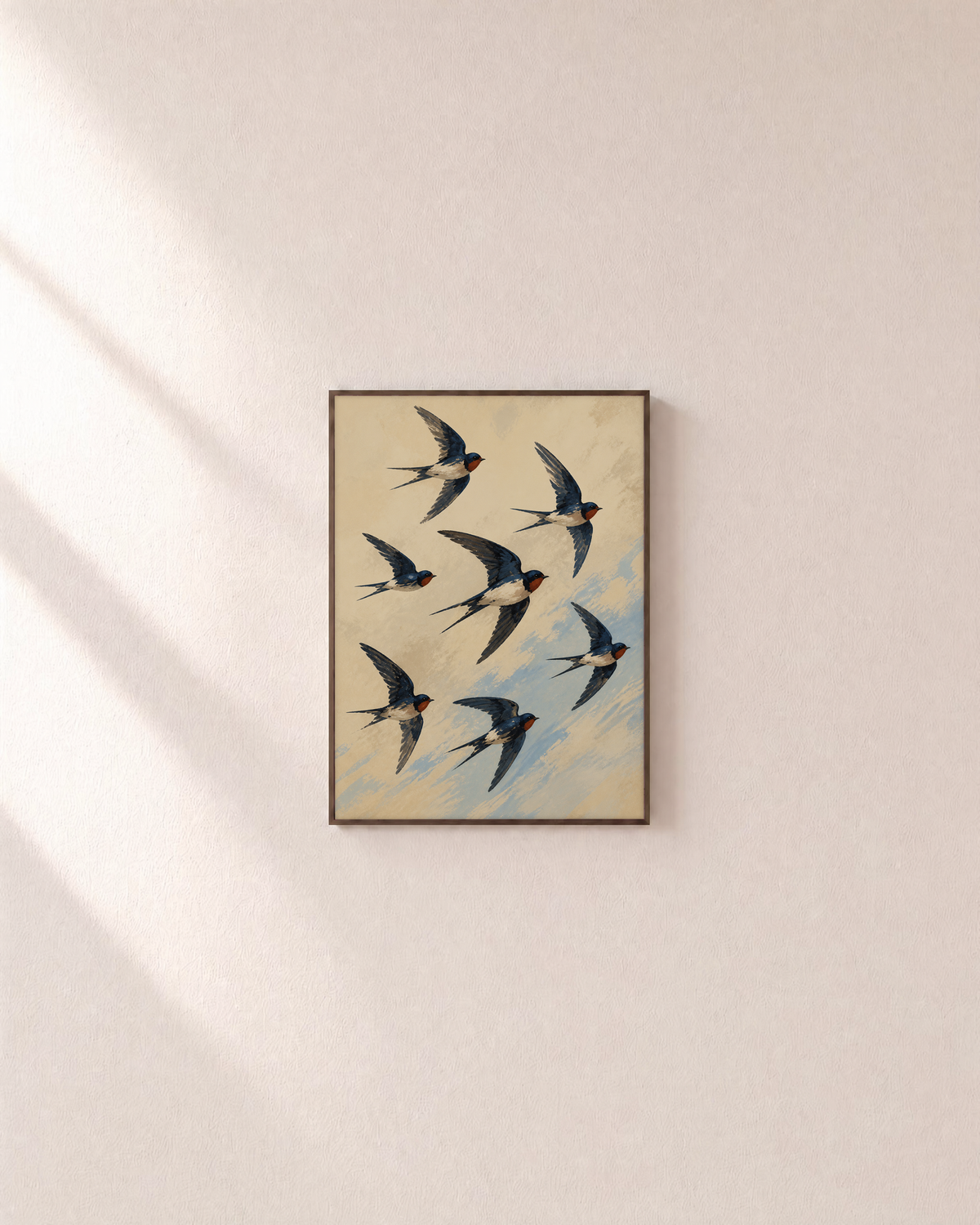 Passing Swallows bird art print: unframed print is shown framed for styling on a plain wall; frame not included