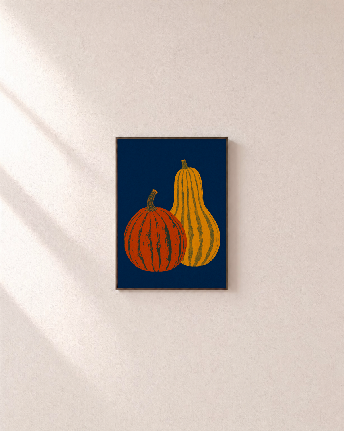 Late Harvest pumpkin delicata wall art: unframed print is shown framed for styling on a plain wall; frame not included
