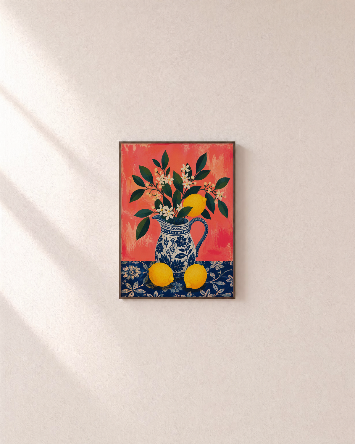Lemon Pitcher lemon pitcher wall art: unframed print is shown framed for styling on a plain wall; frame not included