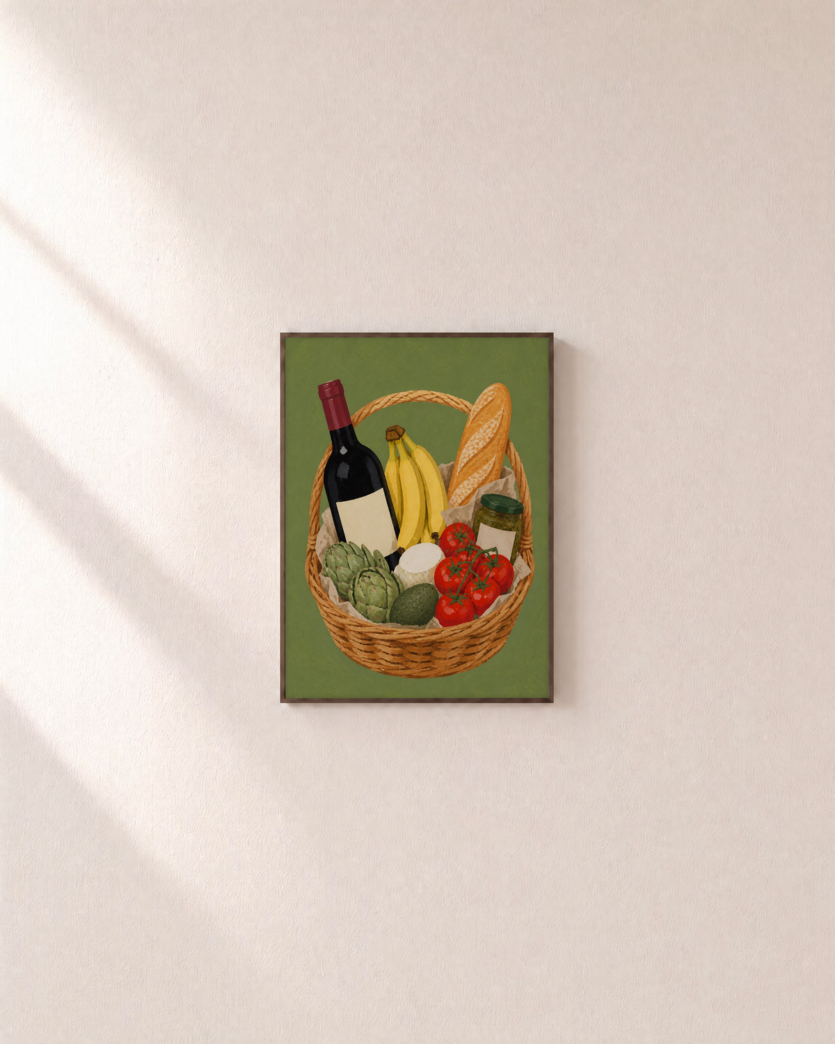 Market Basket still life art prints: unframed print is shown framed for styling on a plain wall; frame not included