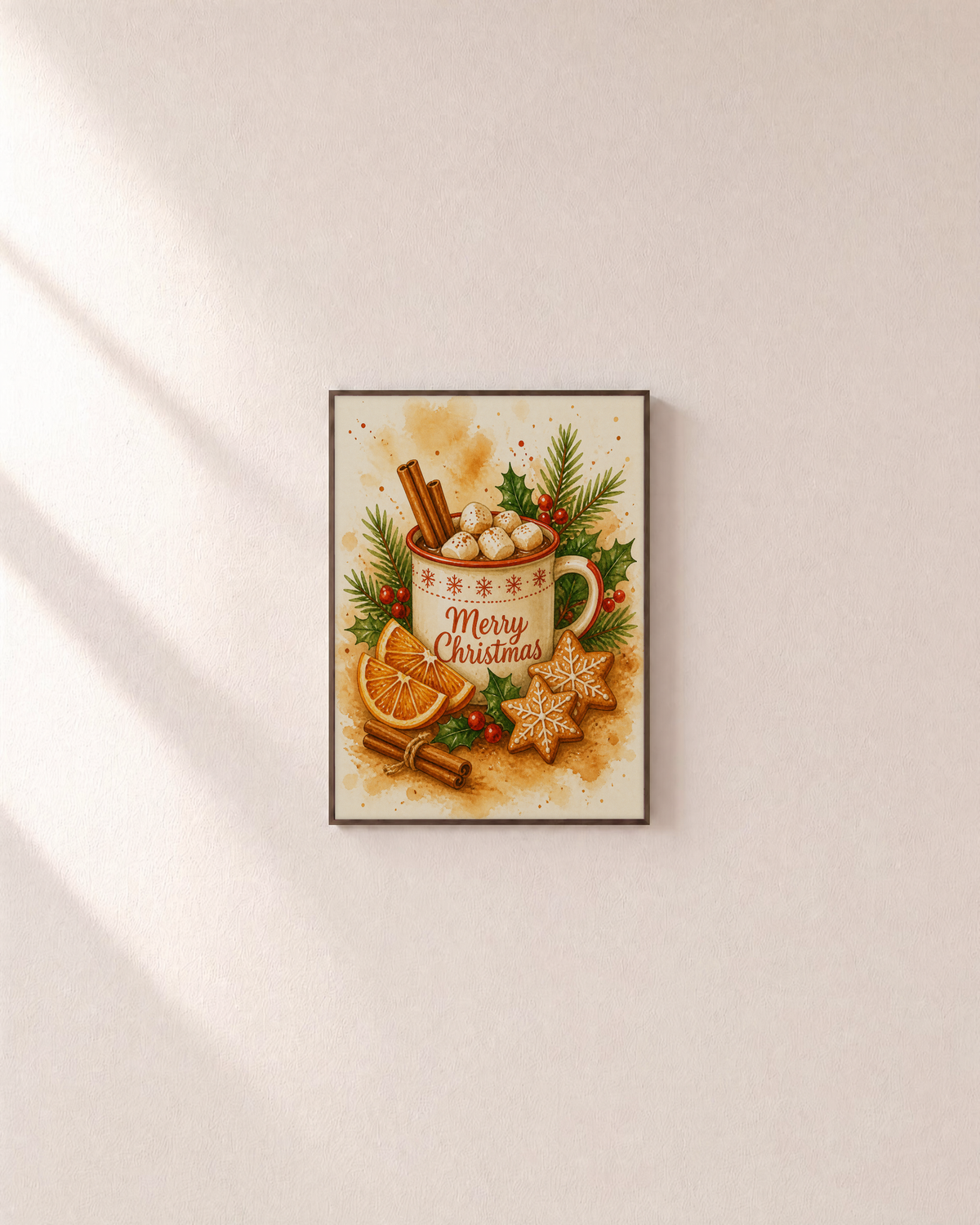 Cocoa Hour cocoa mug print: unframed print is shown framed for styling on a plain wall; frame not included