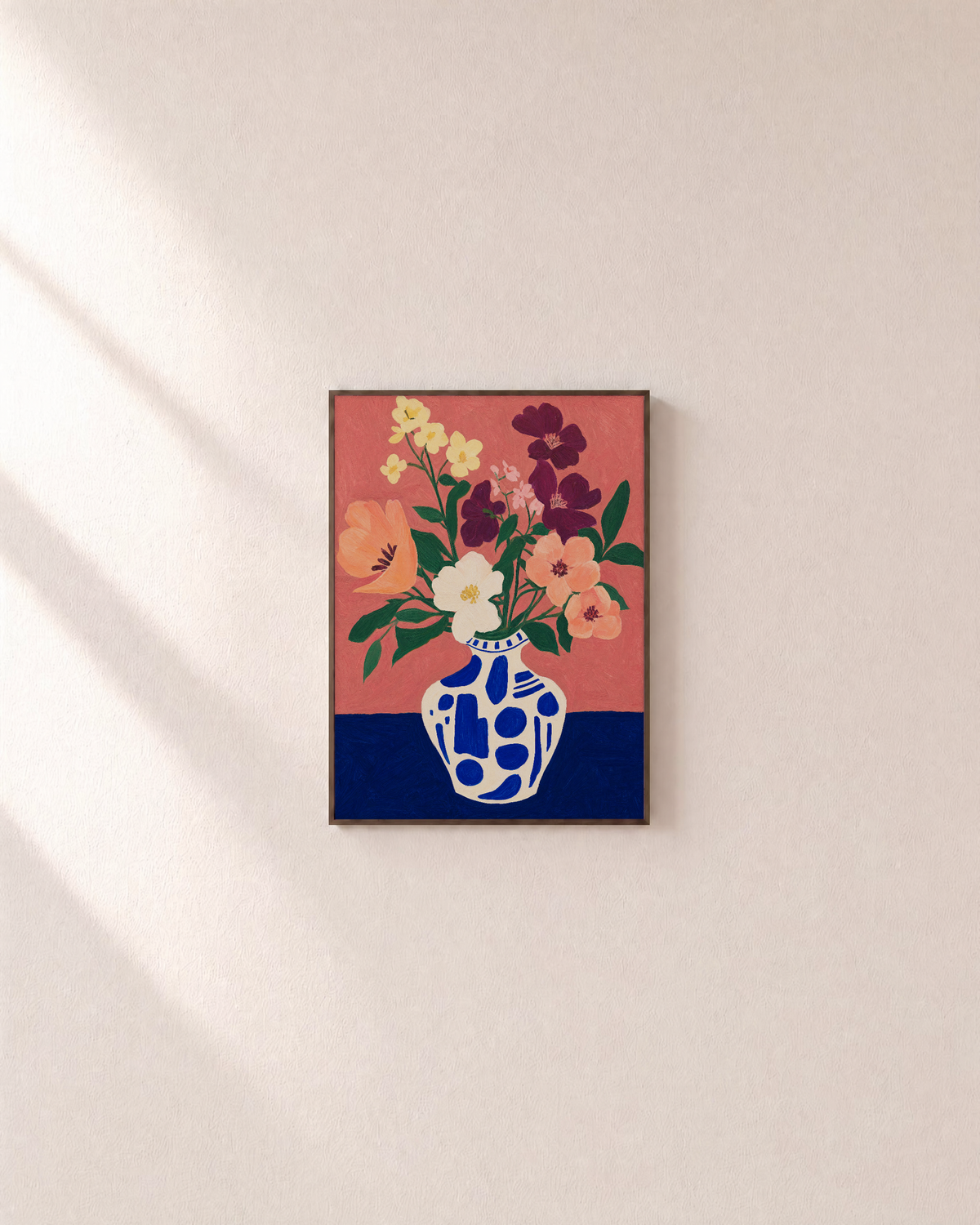 Saturday Flowers peach flower wall art print: unframed print is shown framed for styling on a plain wall; frame not included