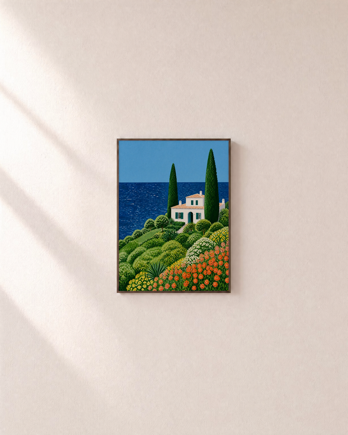 Cypress Villa villa flower bank wall art: unframed print is shown framed for styling on a plain wall; frame not included
