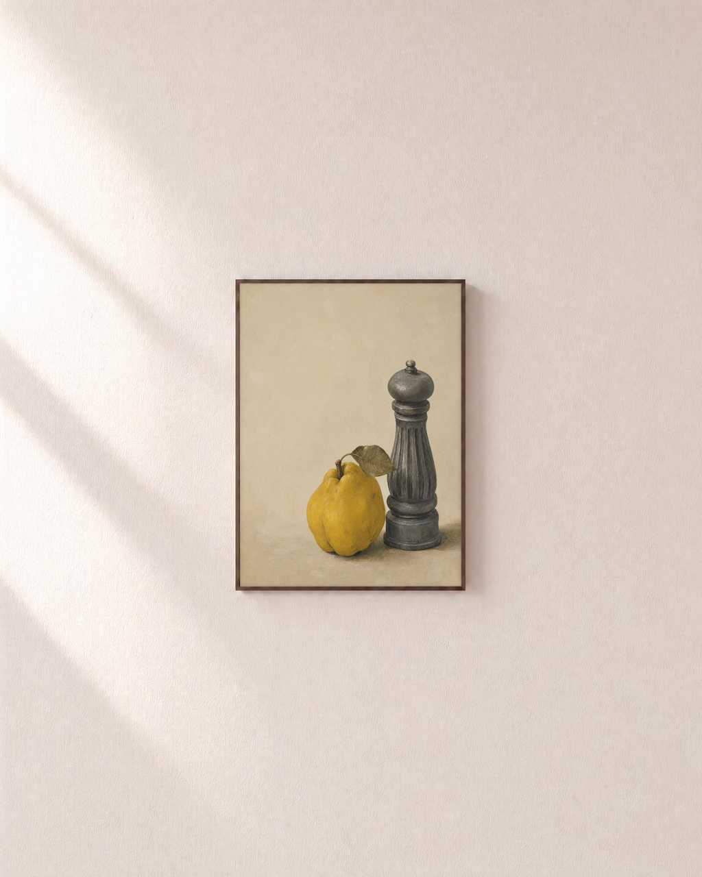 Pewter Mill Quince unframed print is shown framed for styling in a plain wall; frame not included