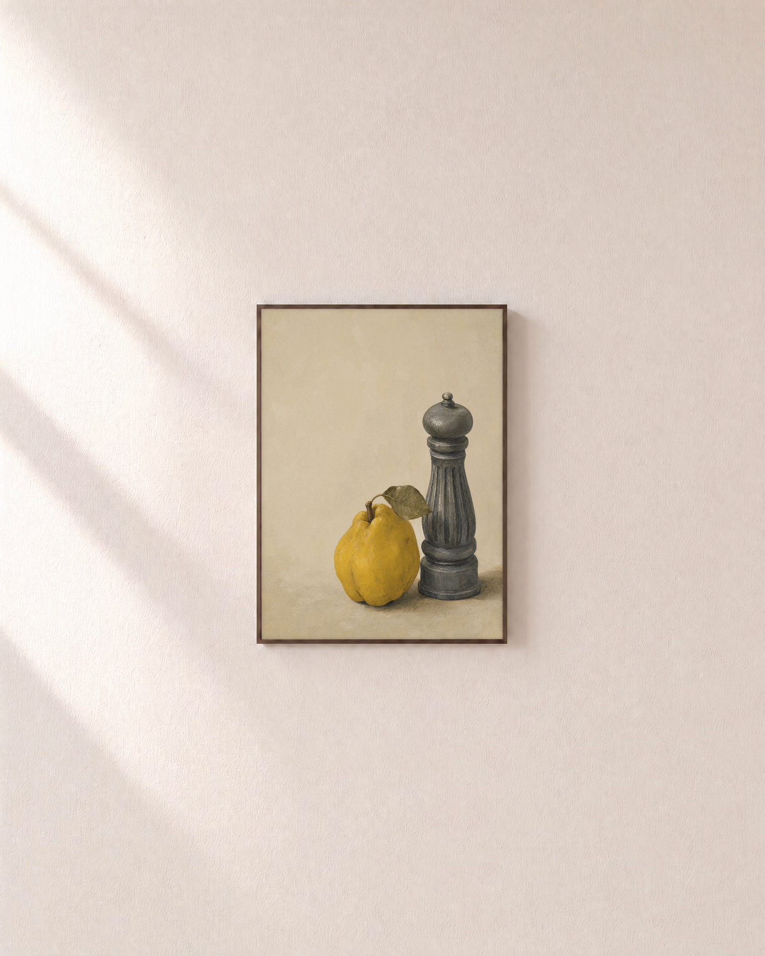 Pewter Mill Quince unframed print is shown framed for styling in a plain wall; frame not included