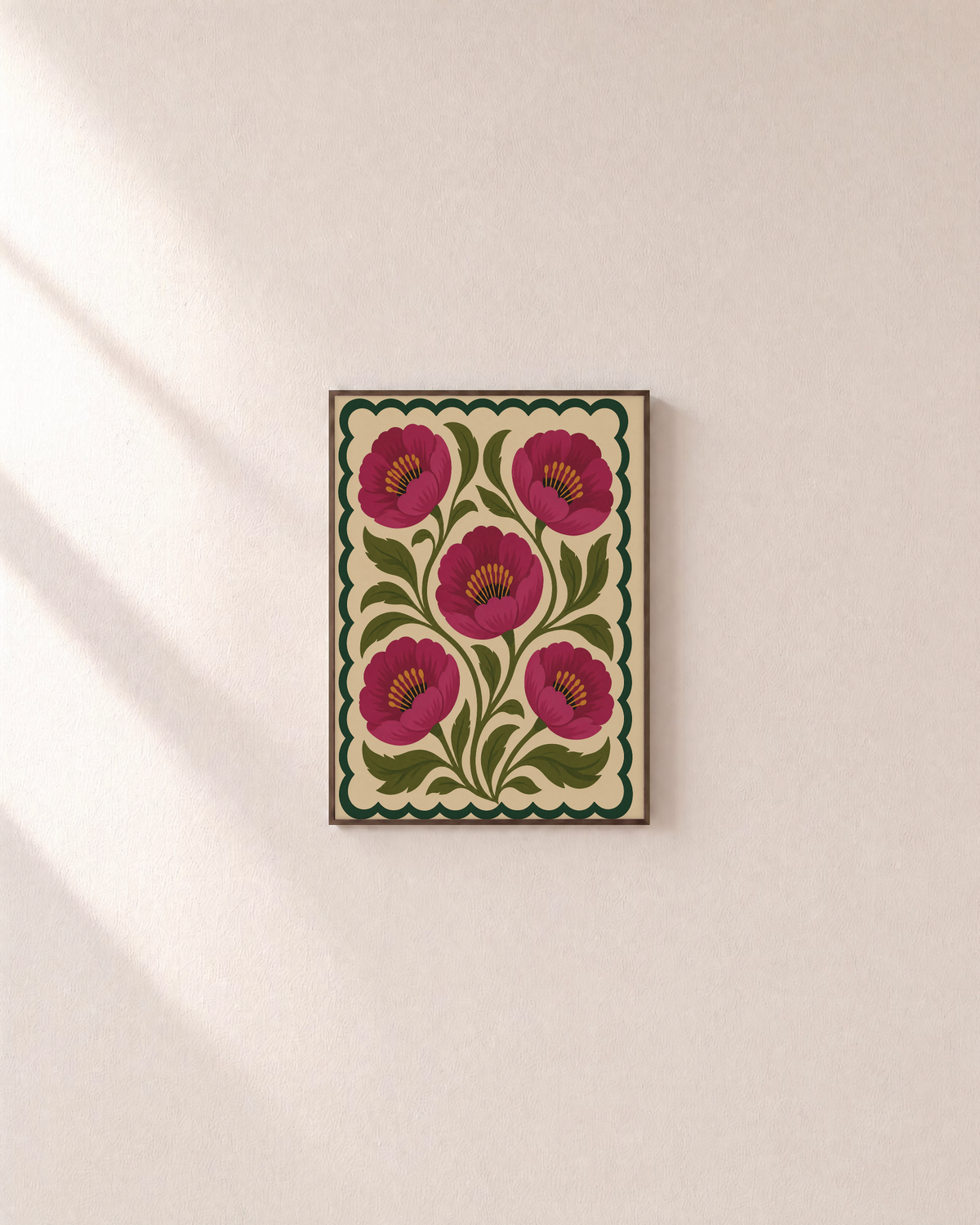 Poppy Medallion magenta poppy wall art: unframed print is shown framed for styling on a plain wall; frame not included