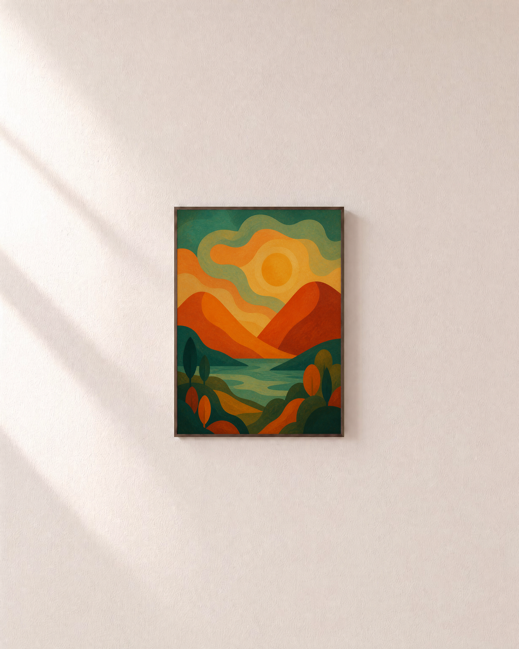 River Hour vintage landscape wall art: unframed print is shown framed for styling on a plain wall; frame not included