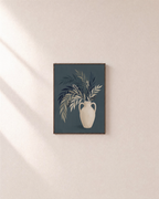 Off-Center Cream Amphora teal botanical wall art print: unframed print is shown framed for styling on a plain wall; frame not included