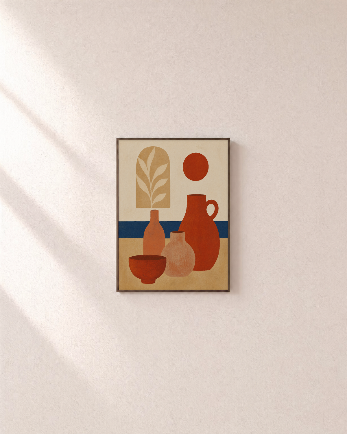 Table Hour terracotta bottle wall art: unframed print is shown framed for styling on a plain wall; frame not included