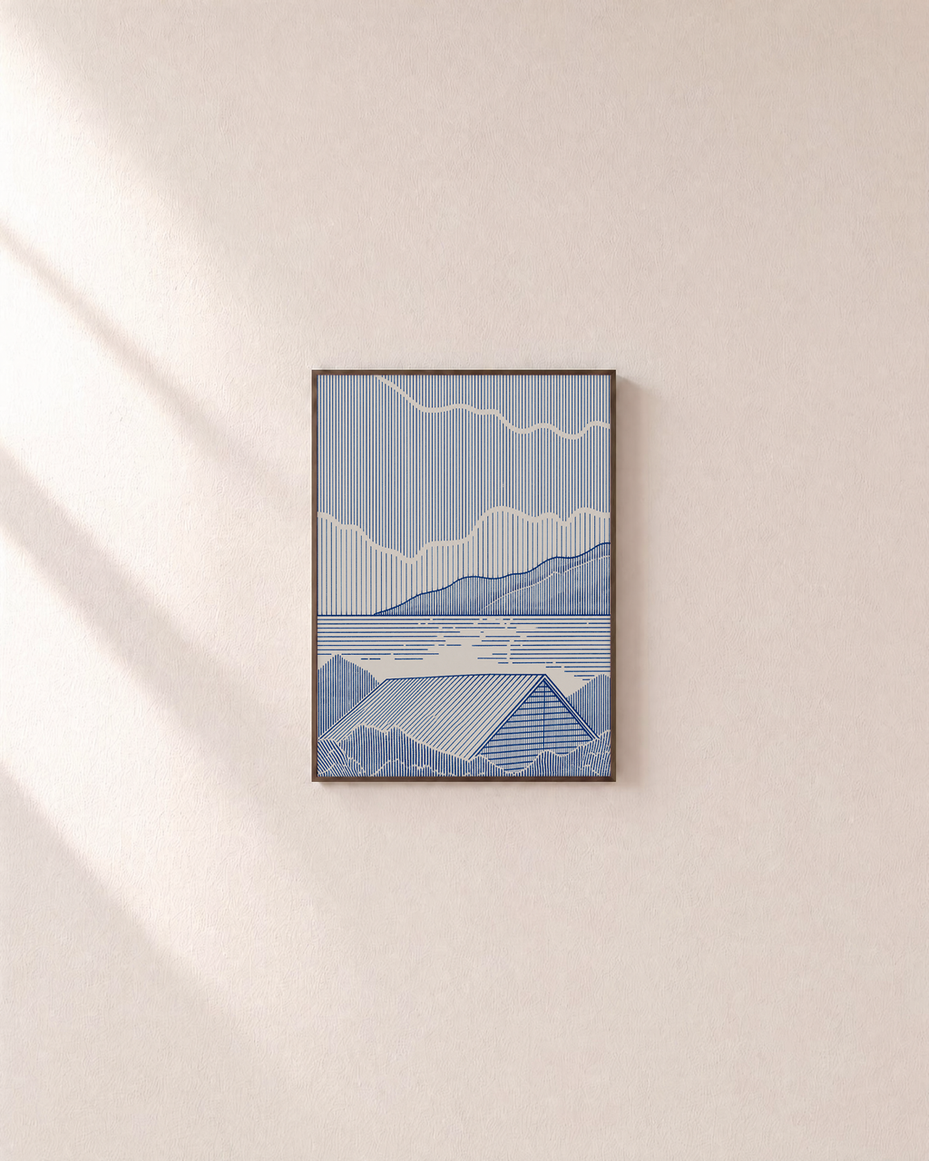 One Roof blue landscape wall art: unframed print is shown framed for styling on a plain wall; frame not included