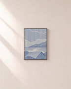 One Roof blue landscape wall art: unframed print is shown framed for styling on a plain wall; frame not included