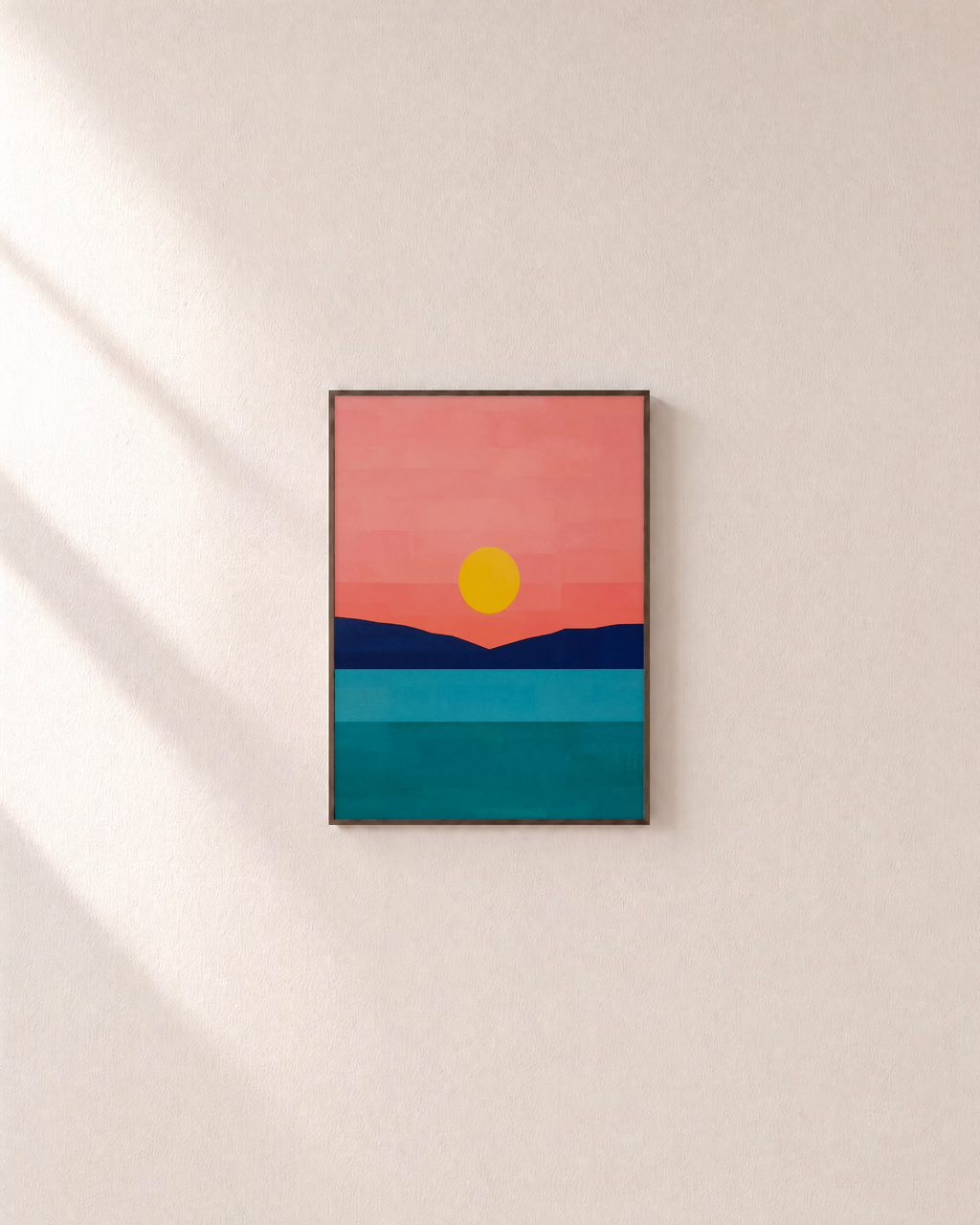 Evening Ridge landscape wall art: unframed print is shown framed for styling on a plain wall; frame not included