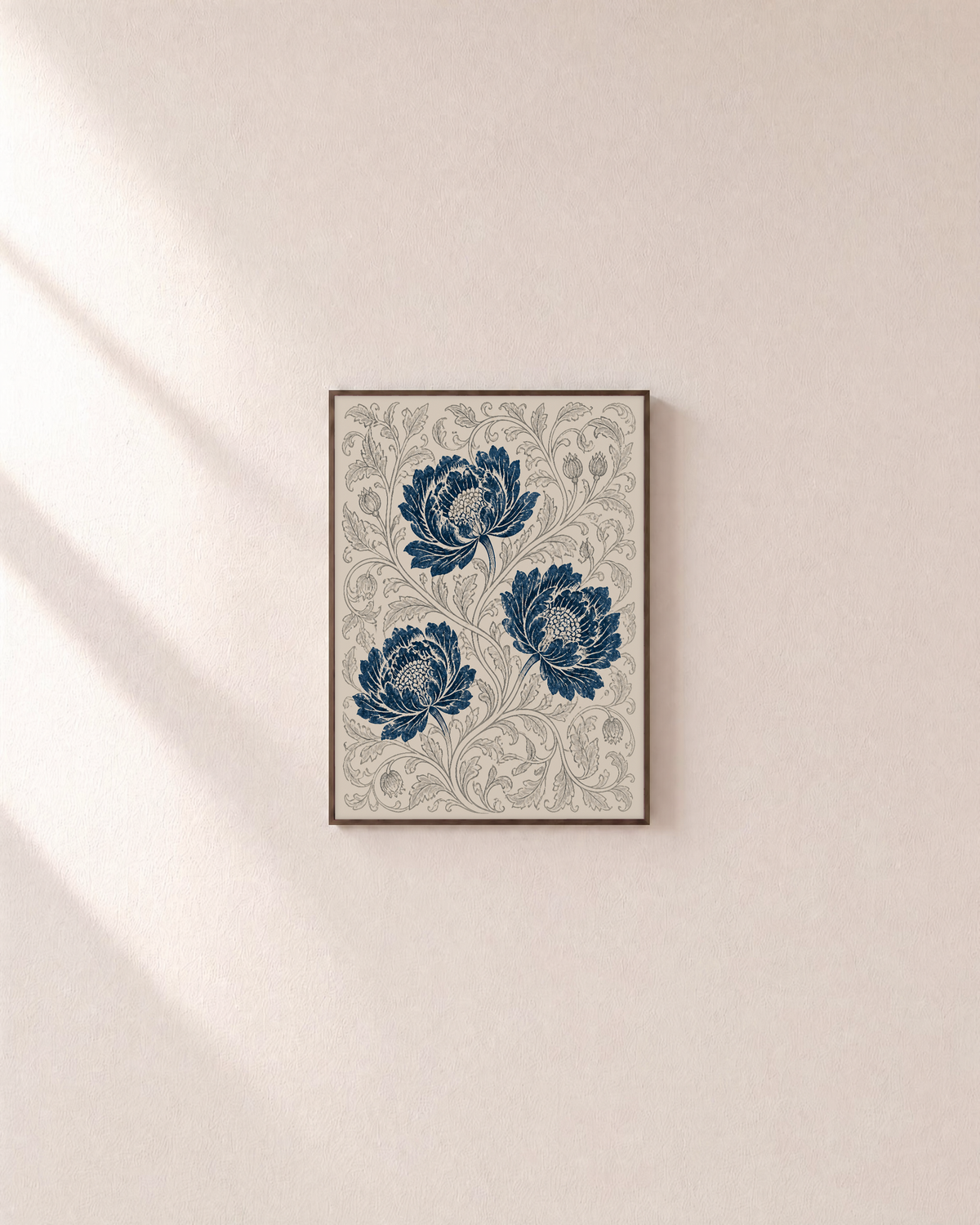 Peony Lattice indigo peony wall art: unframed print is shown framed for styling on a plain wall; frame not included
