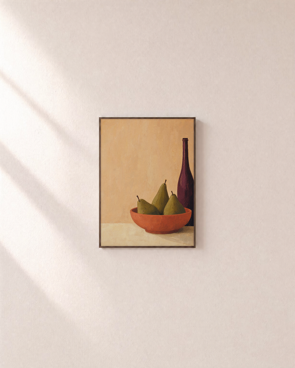 Coral Bowl and Purple Bottle pears and purple bottle wall art print: unframed print is shown framed for styling on a plain wall; frame not included