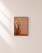 Rust Amphora Three Irises unframed print is shown framed for styling in a plain wall; frame not included