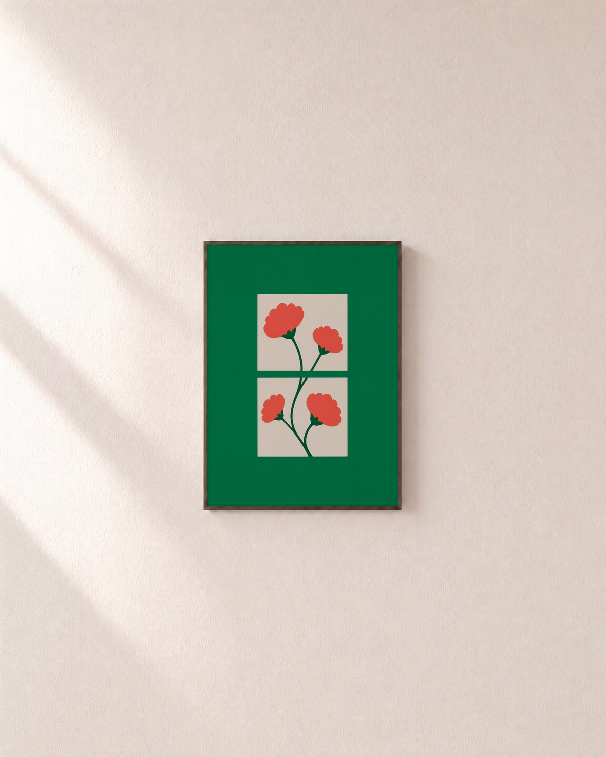 Bloom Windows coral bloom green wall art: unframed print is shown framed for styling on a plain wall; frame not included