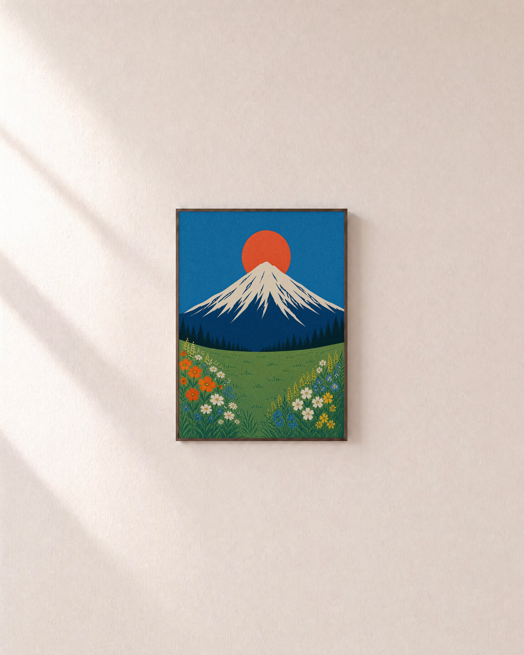One Snow Peak One Round Sun Two Flower Banks unframed print is shown framed for styling in a plain wall; frame not included