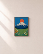 One Snow Peak One Round Sun Two Flower Banks unframed print is shown framed for styling in a plain wall; frame not included
