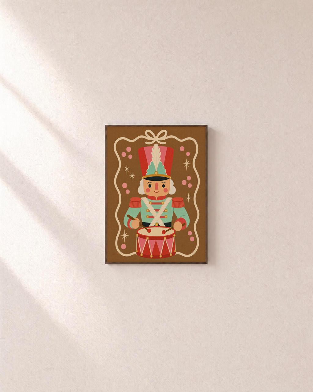 Drum Duty toy drummer print: unframed print is shown framed for styling on a plain wall; frame not included